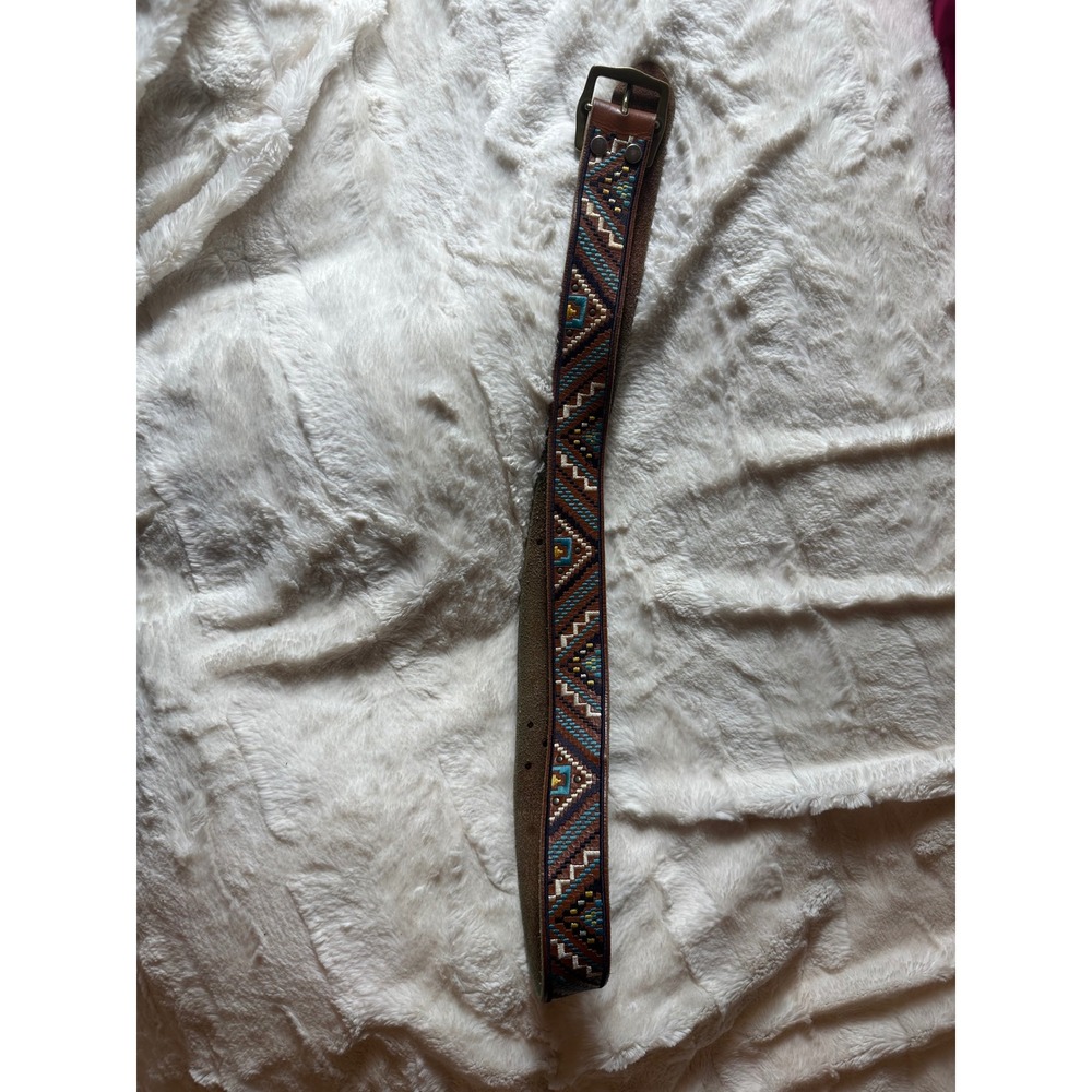 Lucky Brand Brown Leather Southwestern Embroidered Belt Size Large Boho Western